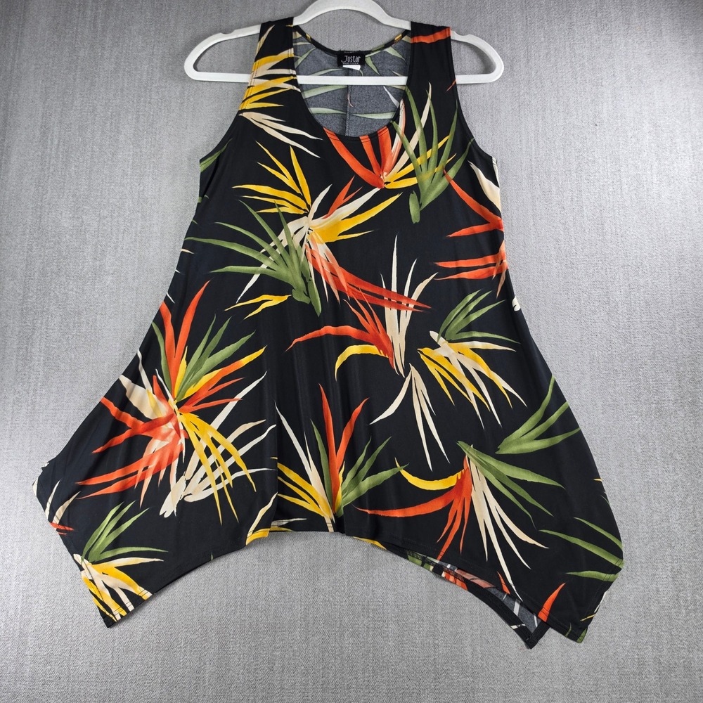 Jostar Tunic Top Women Small Black Floral Bird of Paradise Sharkbite Sleeveless - Picture 1 of 14